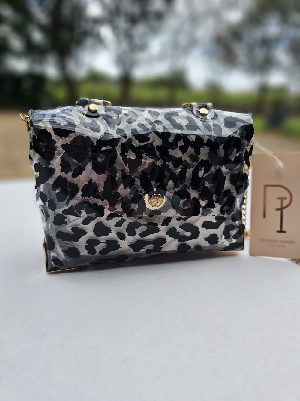 Clear Leopard Print Crossbody Bag with Gold Chain - Black/Cream